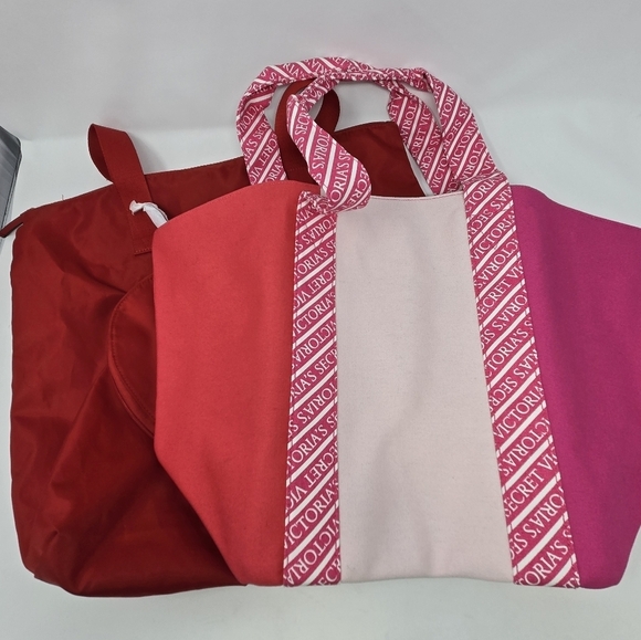 NWT VICTORIA'S SECRET TOTE BAG PINK COLORBLOCK RED HEART PACKABLE SET OF 2 LARGE - Picture 1 of 16